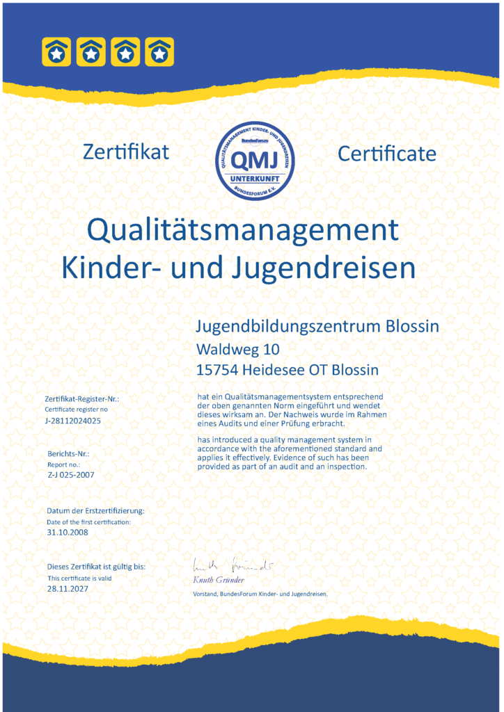 Zertifikat für Qualitätsmanagement Kinder- und Jugendreisen