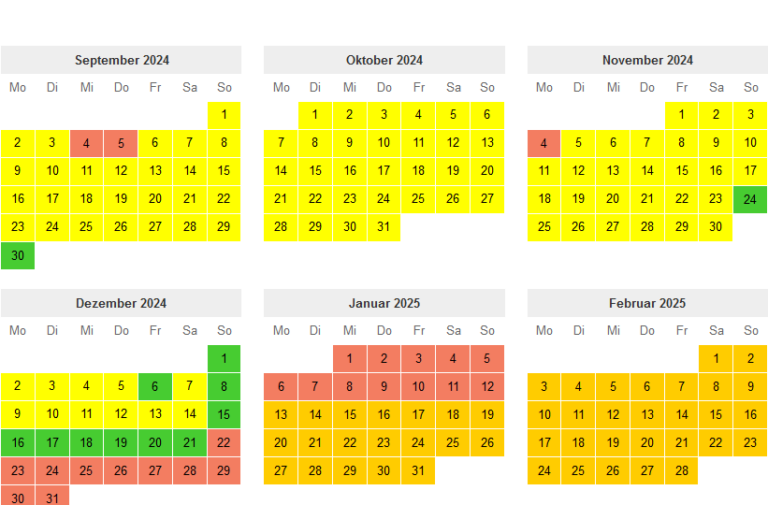 Kalender von September 2024 bis Februar 2025 und die freien Kapazitäten