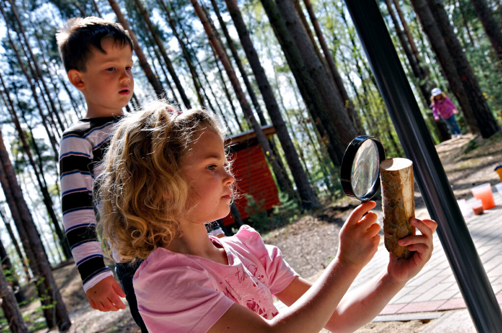 Zwei Kinder untersuchen ein Stück Holz mit einer Lupe.